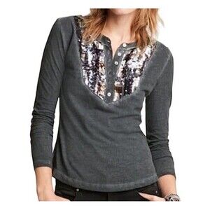 Free‎ People Long Sleeve Sequined Gold Gray Cotton Henley Tee-shirt, Size Small